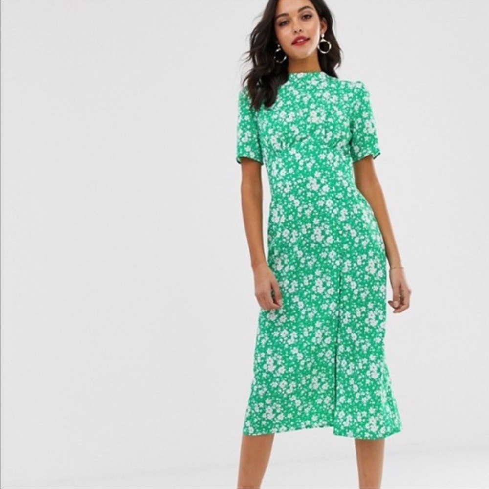 ASOS Green Floral Midi tea Dress with button details size 8